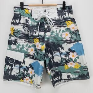 Carbon Board Shorts Men’s M Hawaiian Green Yellow Lined Quick Dry Beach Swim